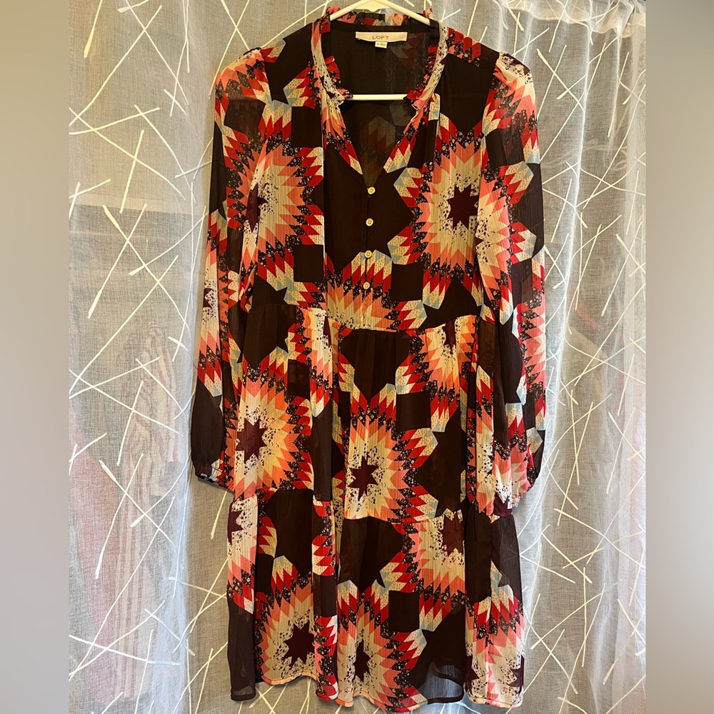 LOFT Long Sleeve Dress - Red and Brown Geometric